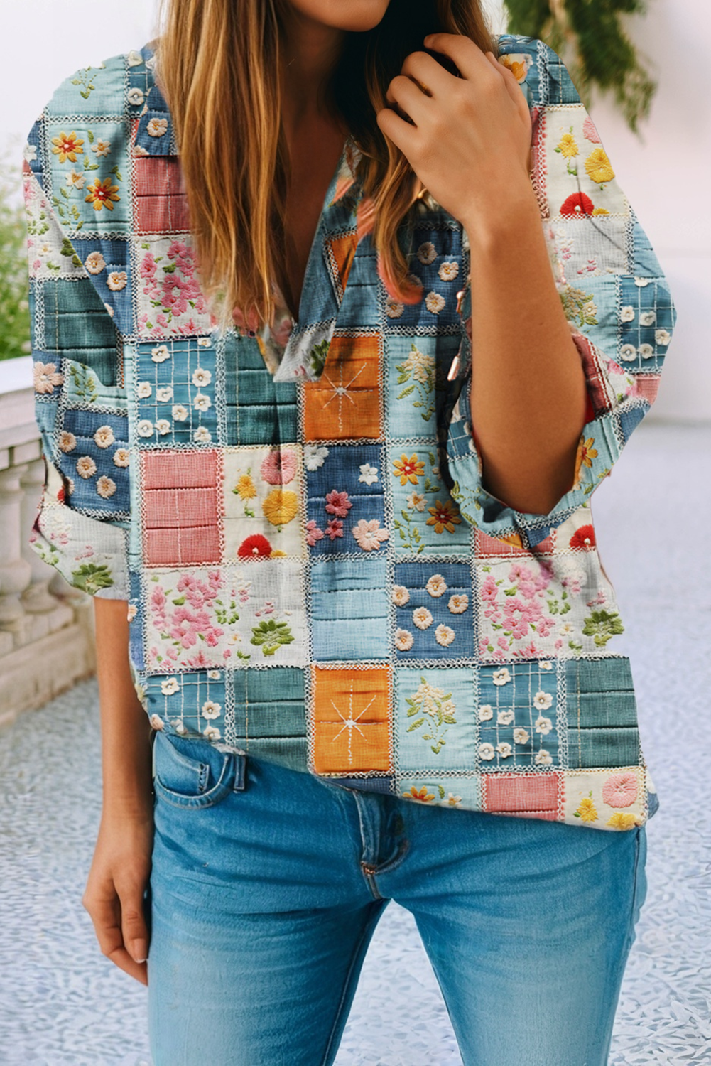 Floral Collared V Neck Roll up Sleeve Blouse