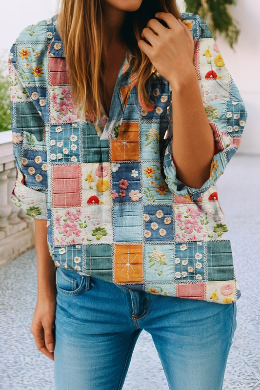 Floral Collared V Neck Roll up Sleeve Blouse