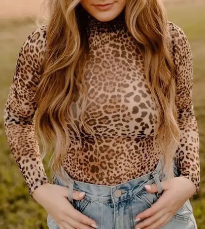 Leopard Mesh Long Sleeve Bodysuit