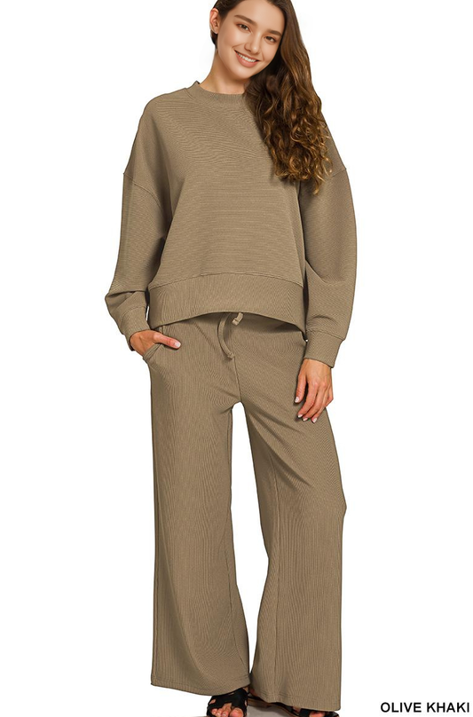 Ribbed Round Neck Pullover & Pants 2PC Set