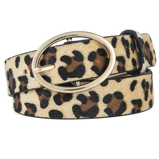 LEOPARD PRINT LEATHER BELT WITH ROUND BUCKLE