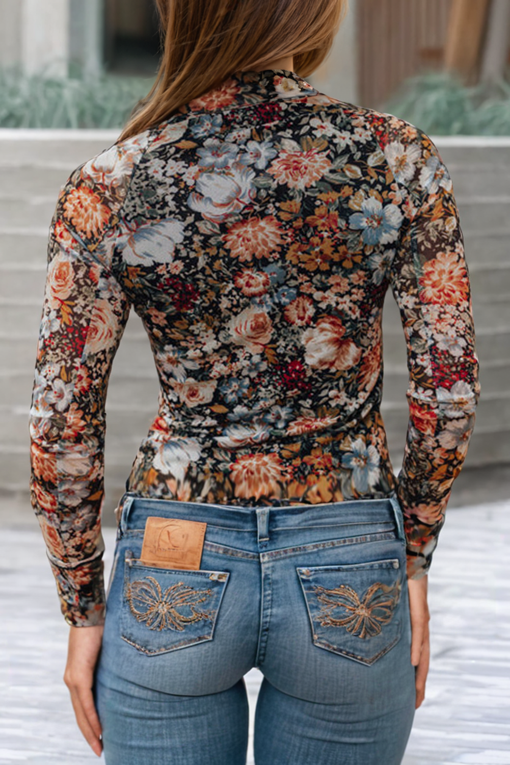 Floral Long Sleeve Sheath Mesh Blouse