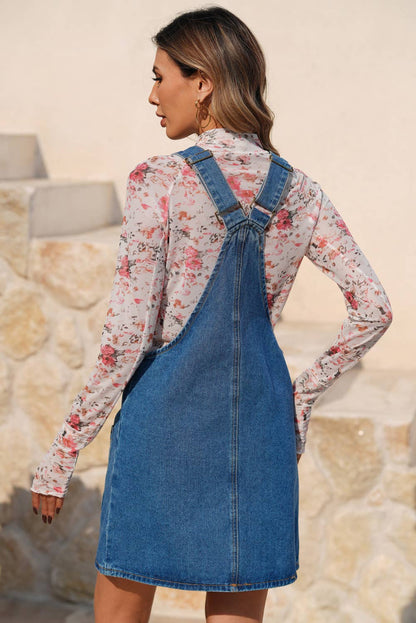 Wide Strap Button Front Pocketed Denim Mini Dress