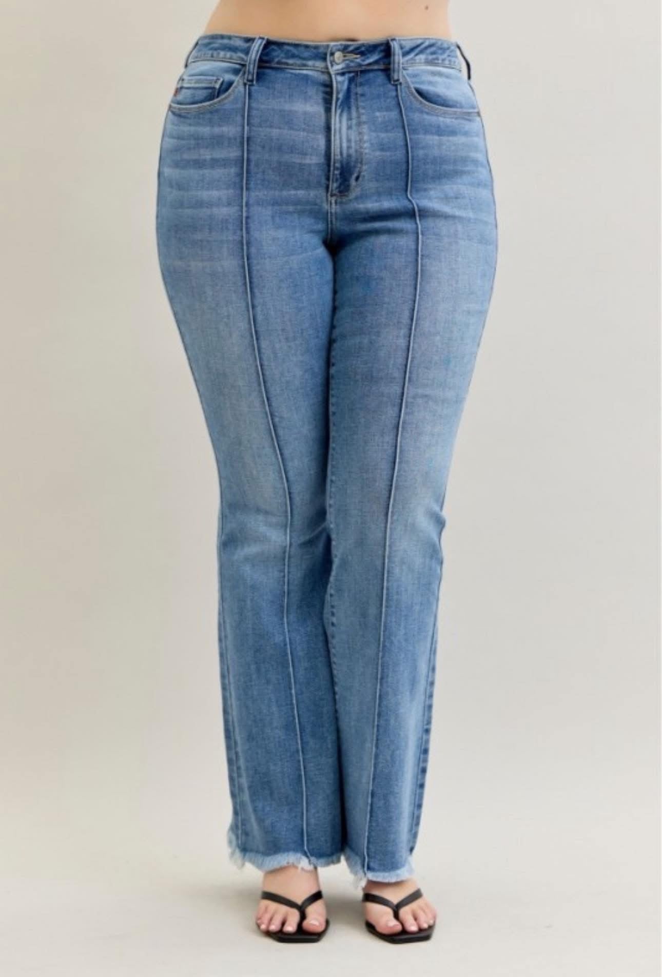 Judy Blue Flare Front Pintuck & Fray Hem Jeans