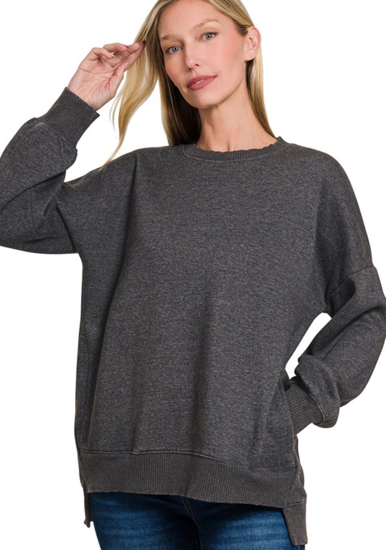 Acid Wash Fleece Hi-Low Hem Pullover