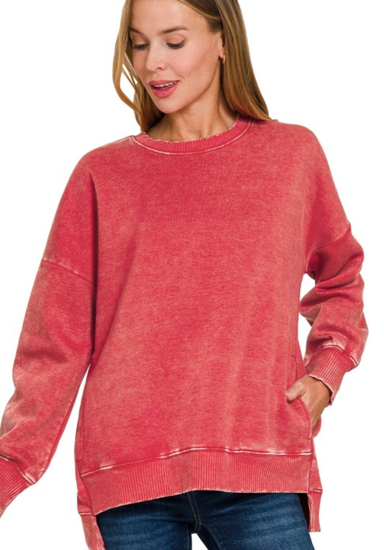 Acid Wash Fleece Hi-Low Hem Pullover