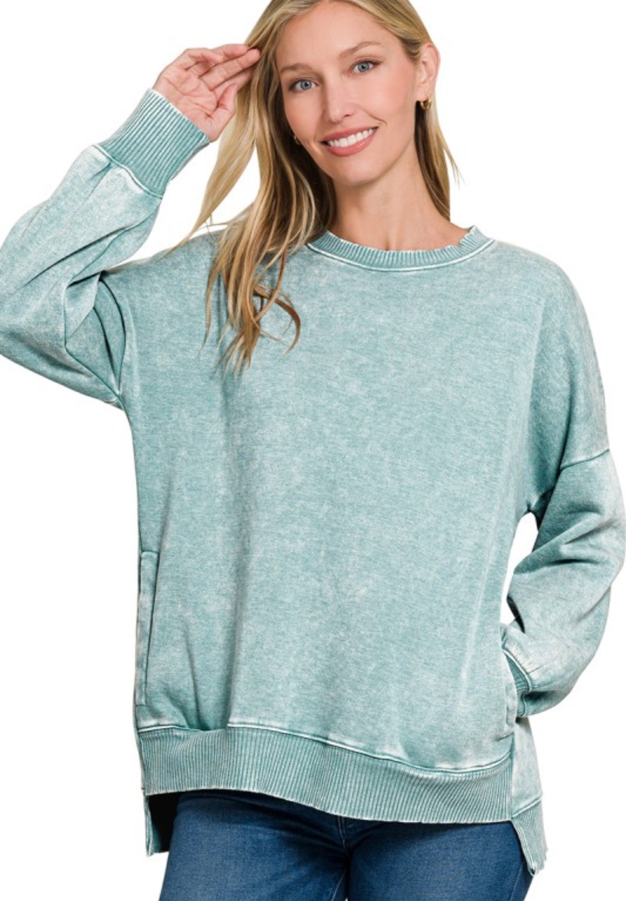 Acid Wash Fleece Hi-Low Hem Pullover