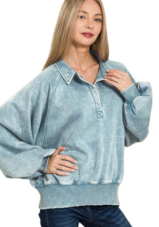 Acid Wash Fleece Button Up Collared Pullover