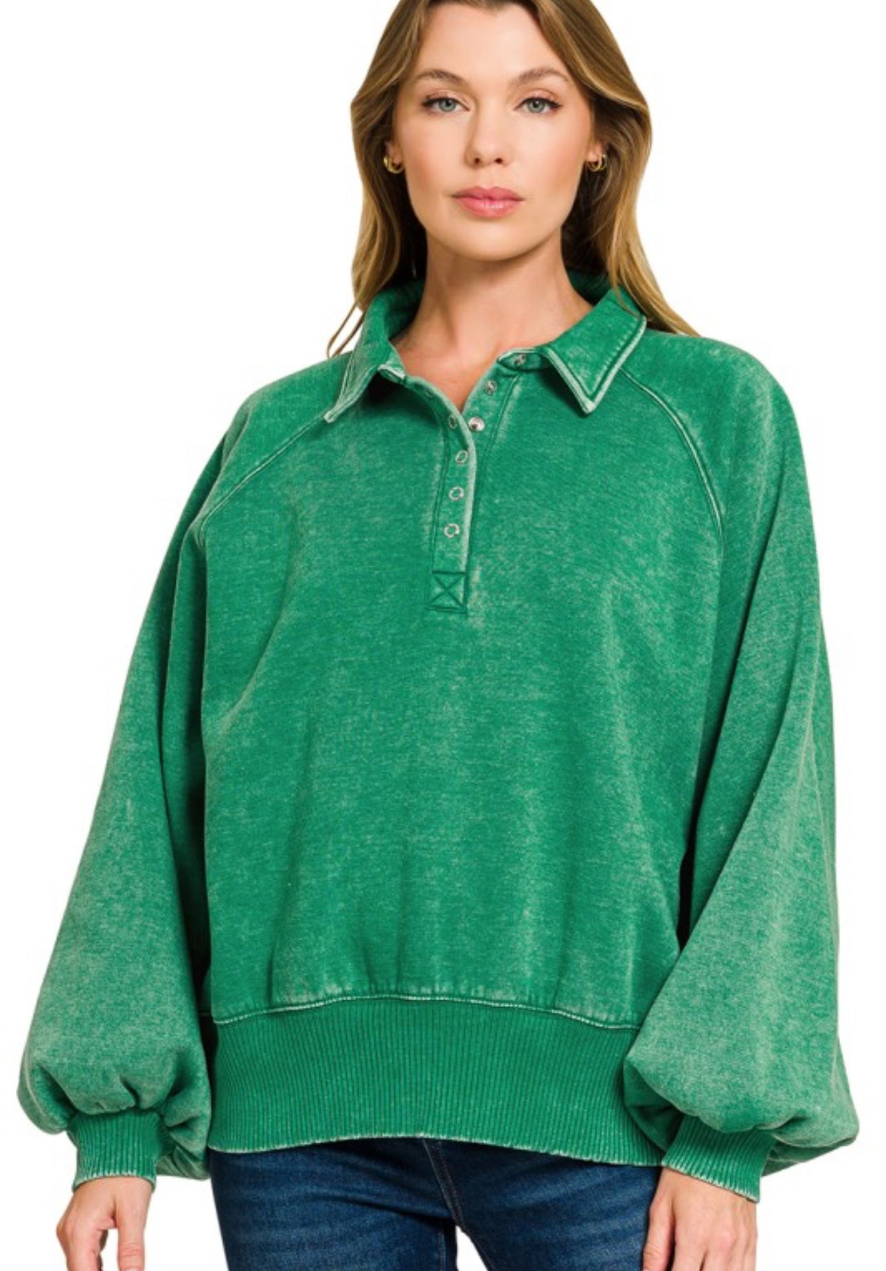 Acid Wash Fleece Button Up Collared Pullover