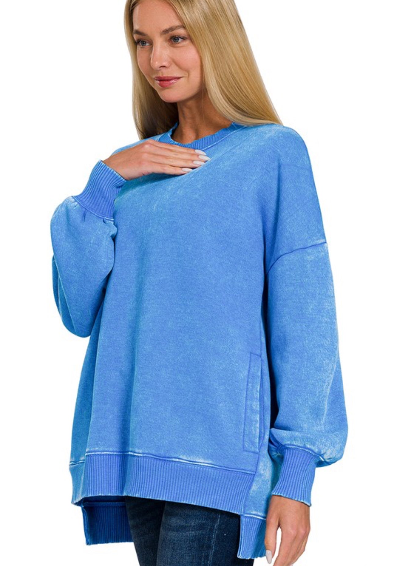 Acid Wash Fleece Hi-Low Hem Pullover