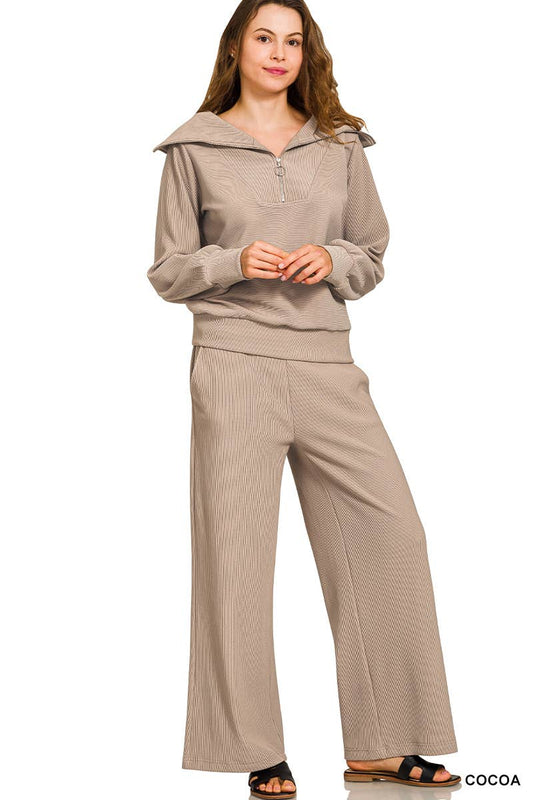 Ribbed High Neck Half Zip Pullover And Pants Set
