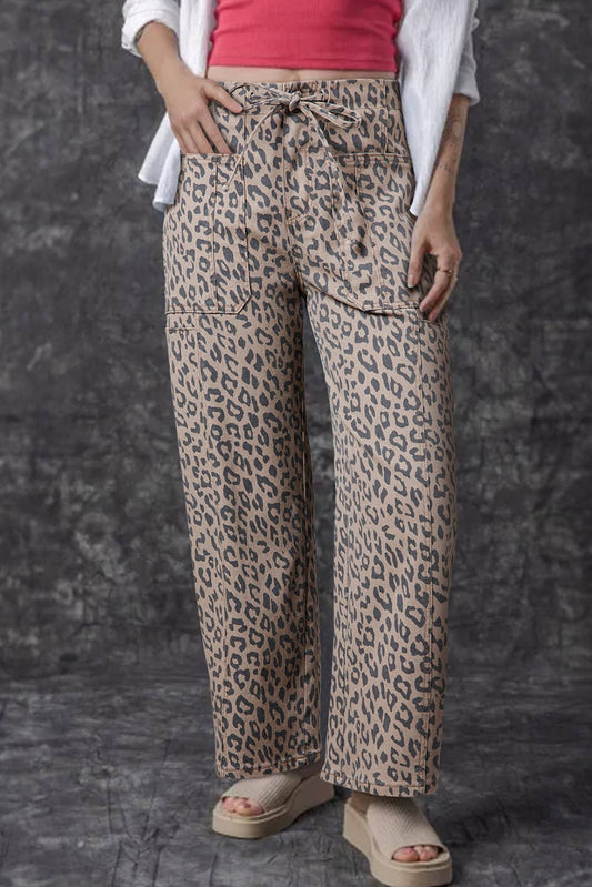 Leopard Printed Drawstring Waist Jeans