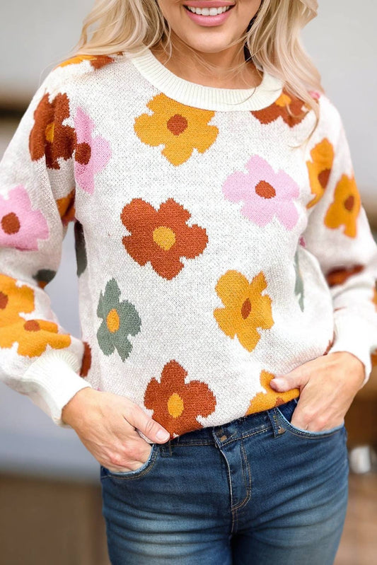 Flower Ribbed Hem Sweater | S-XL