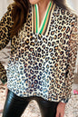Leopard Print Striped V Neck Top