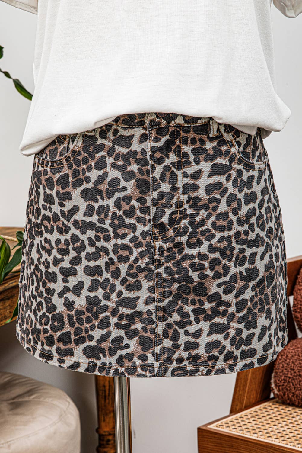 Western Leopard Denim Mini Skirt