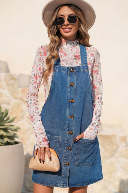 Wide Strap Button Front Pocketed Denim Mini Dress