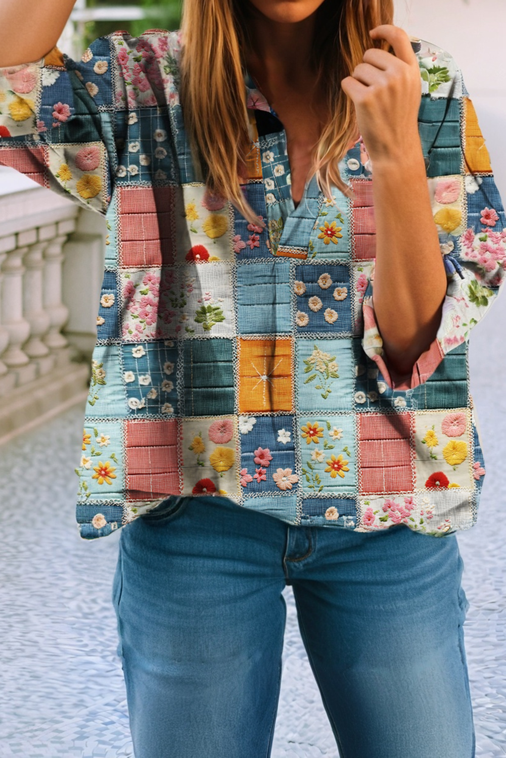 Floral Collared V Neck Roll up Sleeve Blouse